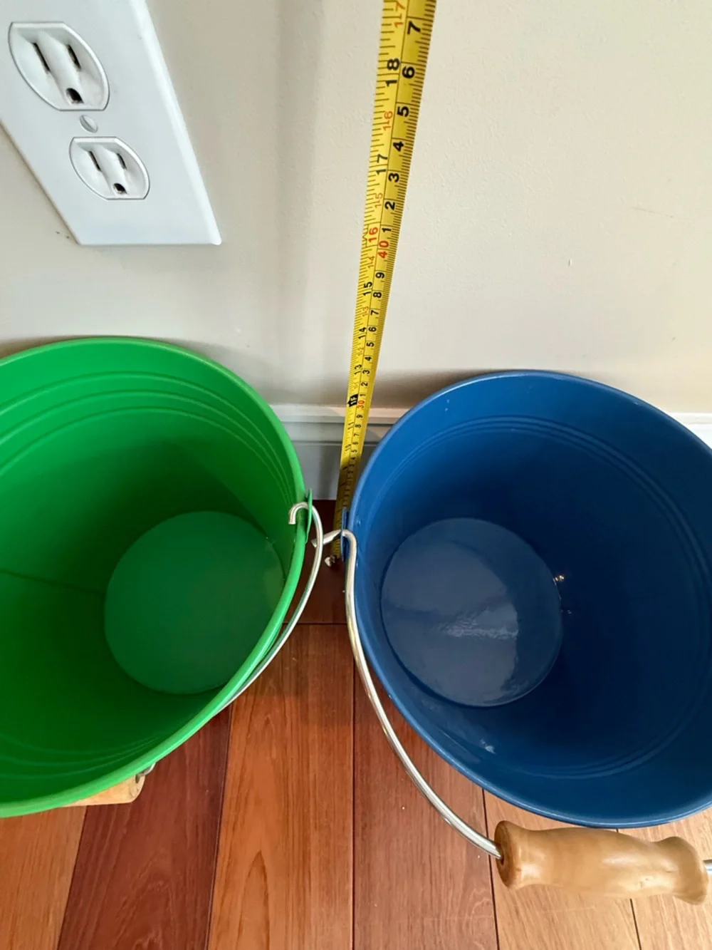 IKEA Yellow, Green, and Blue Metal Buckets with Wooden Handles